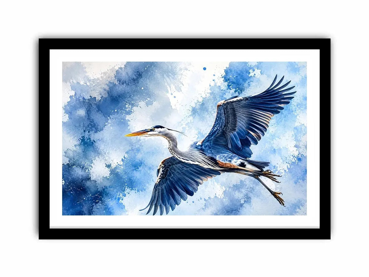 Flying heron bird watercolor wall art blue serene canvas print for living room bedroom decor