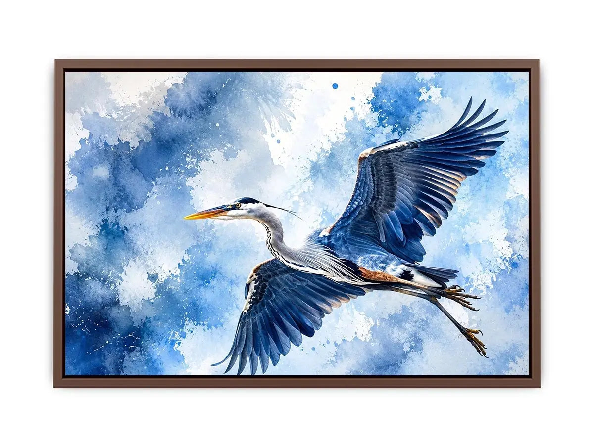 Flying heron bird watercolor wall art blue serene canvas print for living room bedroom decor