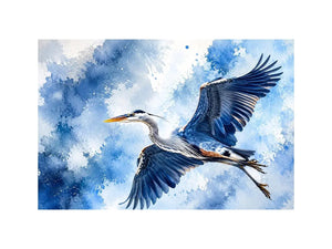 Flying heron bird watercolor wall art blue serene canvas print for living room bedroom decor