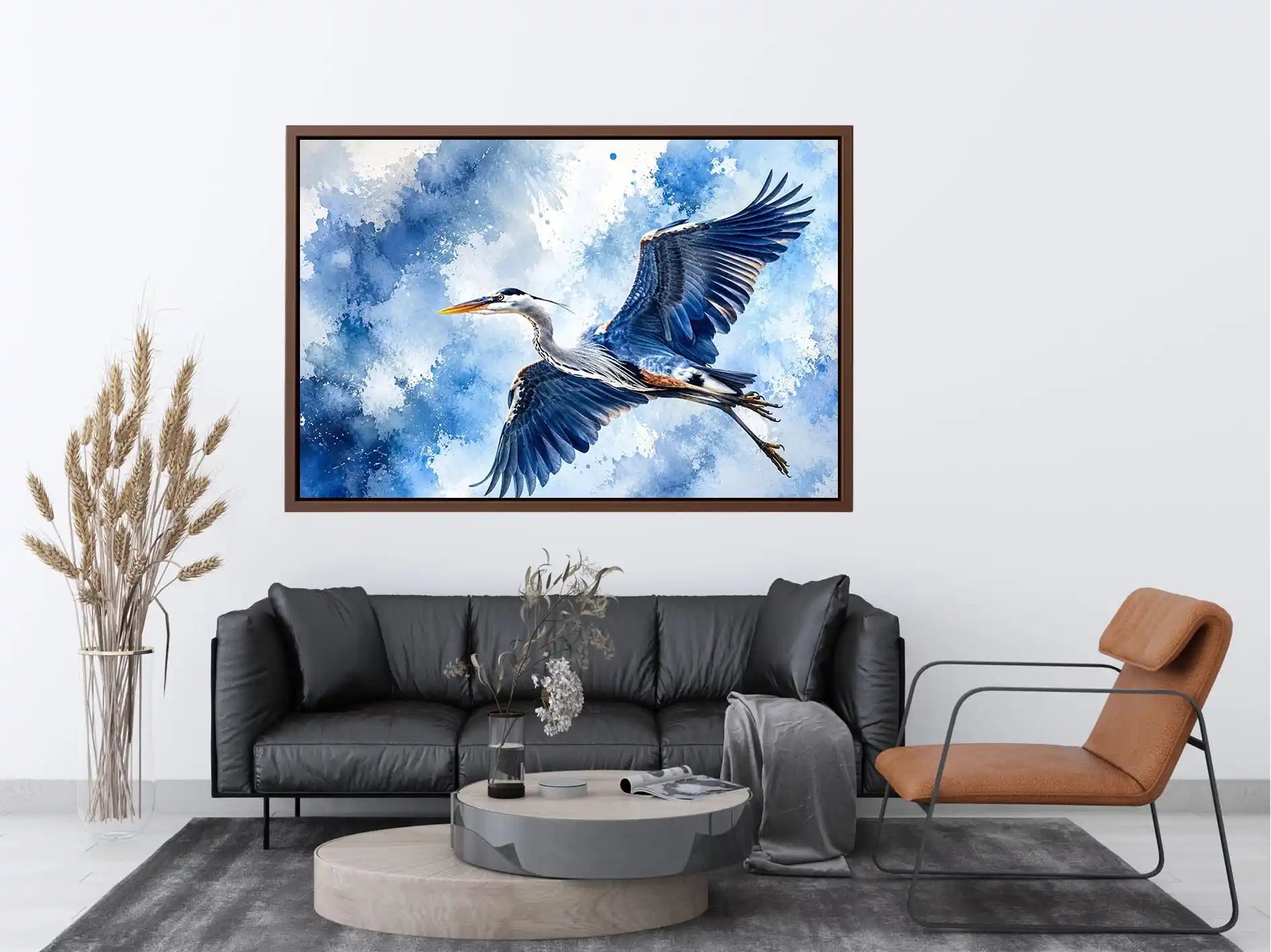 Flying heron bird watercolor wall art blue serene canvas print for living room bedroom decor