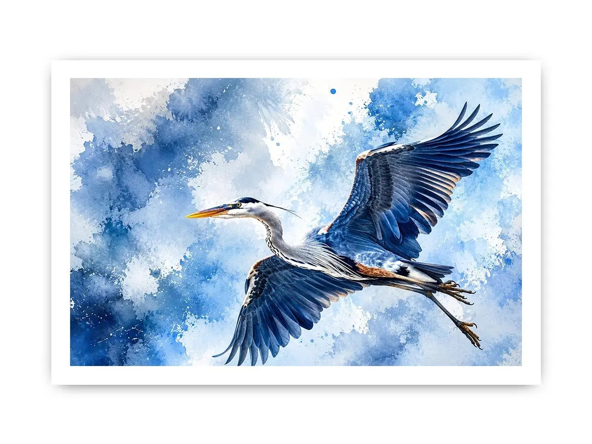 Flying heron bird watercolor wall art blue serene canvas print for living room bedroom decor