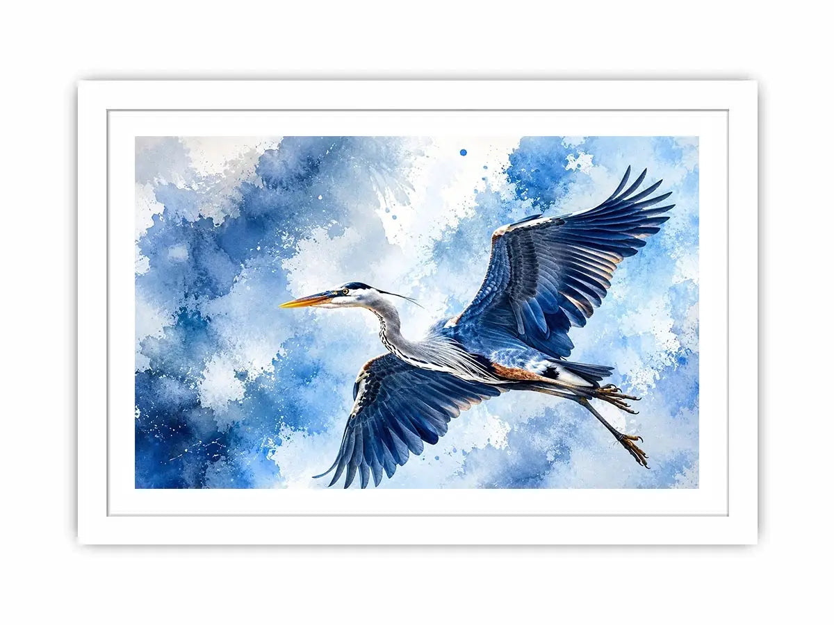 Flying heron bird watercolor wall art blue serene canvas print for living room bedroom decor