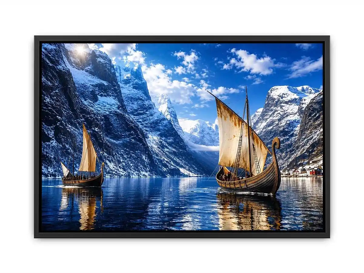 Viking ship fjord landscape wall art snowy mountain canvas print for living room office decor