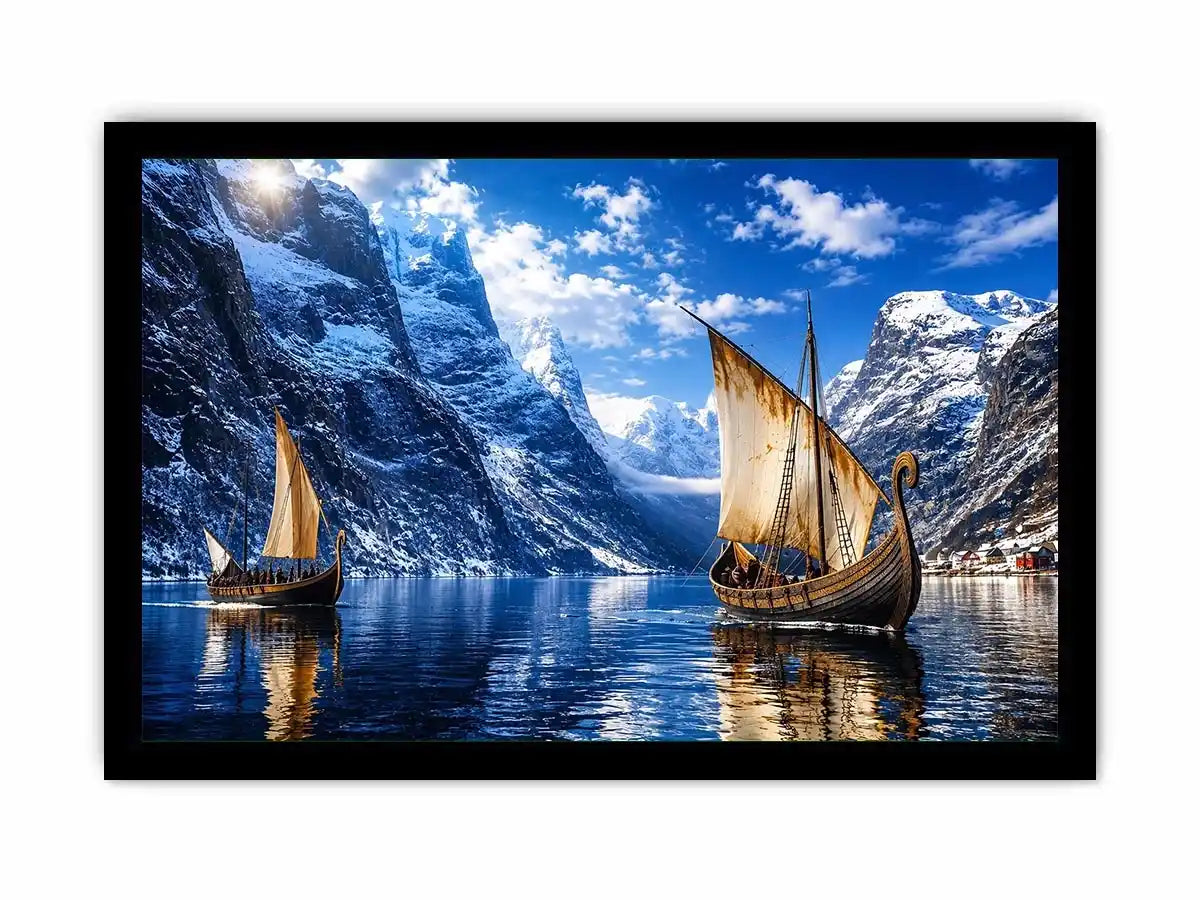 Viking ship fjord landscape wall art snowy mountain canvas print for living room office decor