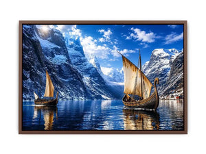 Viking ship fjord landscape wall art snowy mountain canvas print for living room office decor