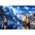 Viking ship fjord landscape wall art snowy mountain canvas print for living room office decor