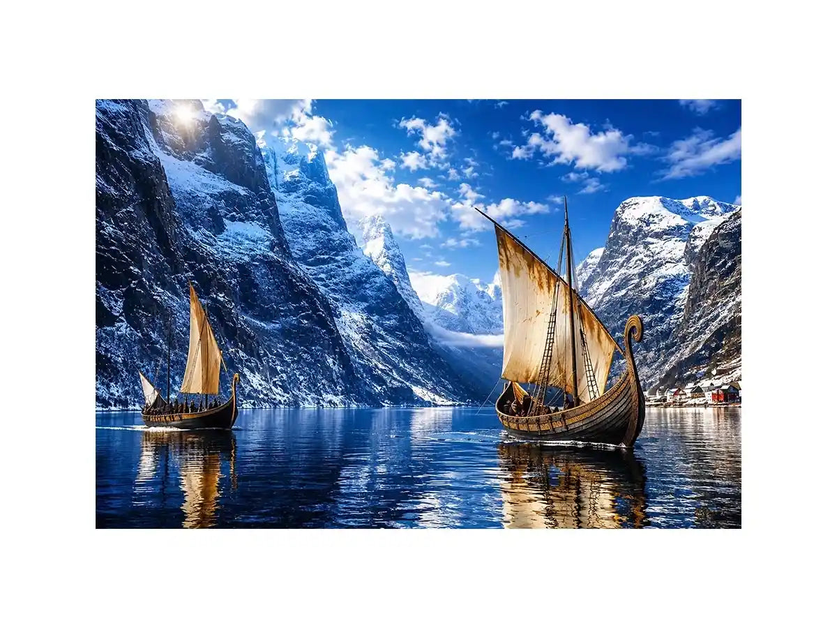 Viking ship fjord landscape wall art snowy mountain canvas print for living room office decor