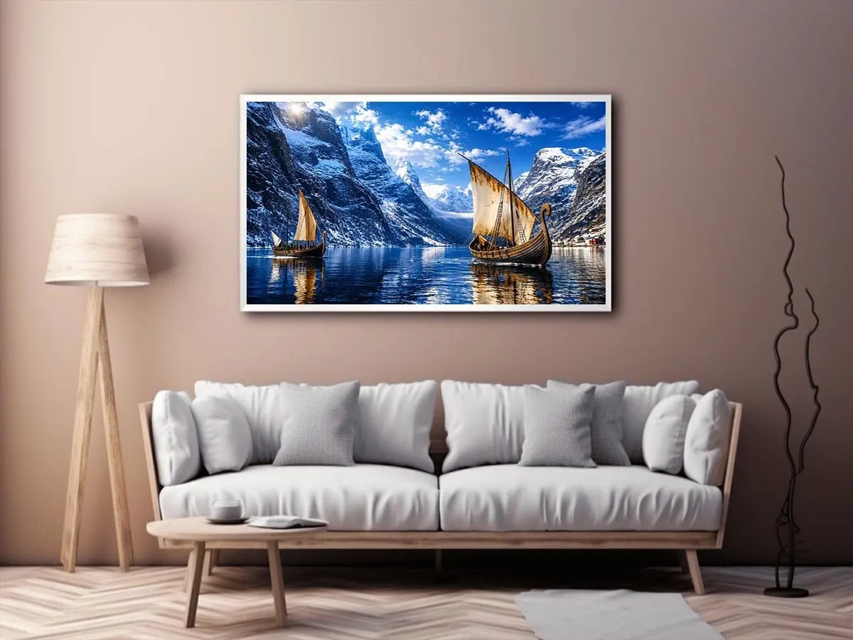 Viking ship fjord landscape wall art snowy mountain canvas print for living room office decor