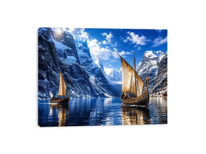 Viking ship fjord landscape wall art snowy mountain canvas print for living room office decor