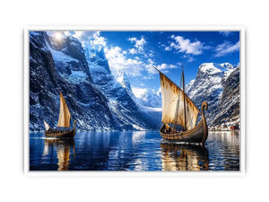 Viking ship fjord landscape wall art snowy mountain canvas print for living room office decor