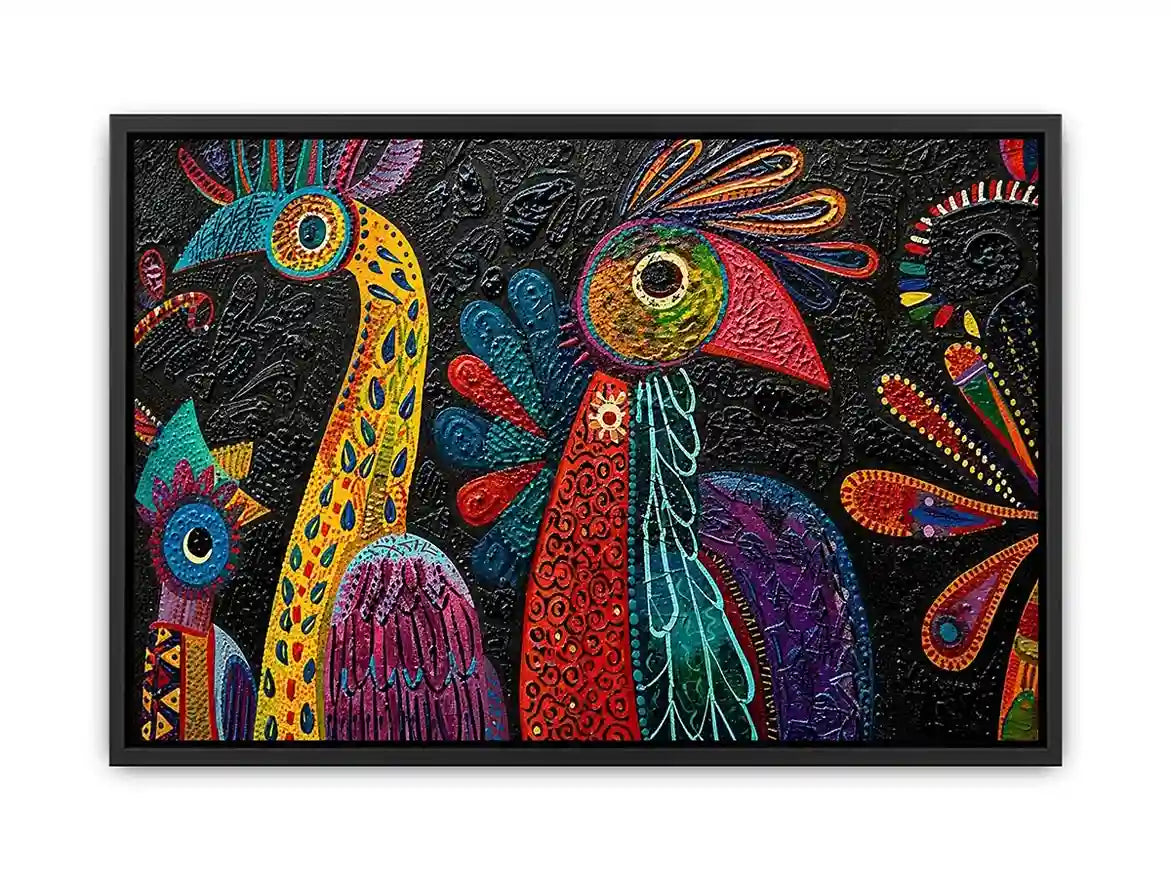 Colorful textured folk bird painting with bold tribal patterns on dark background