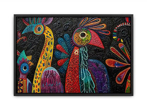 Colorful textured folk bird painting with bold tribal patterns on dark background