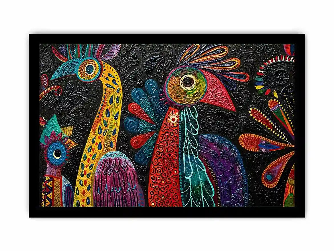 Colorful textured folk bird painting with bold tribal patterns on dark background