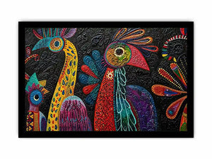 Colorful textured folk bird painting with bold tribal patterns on dark background