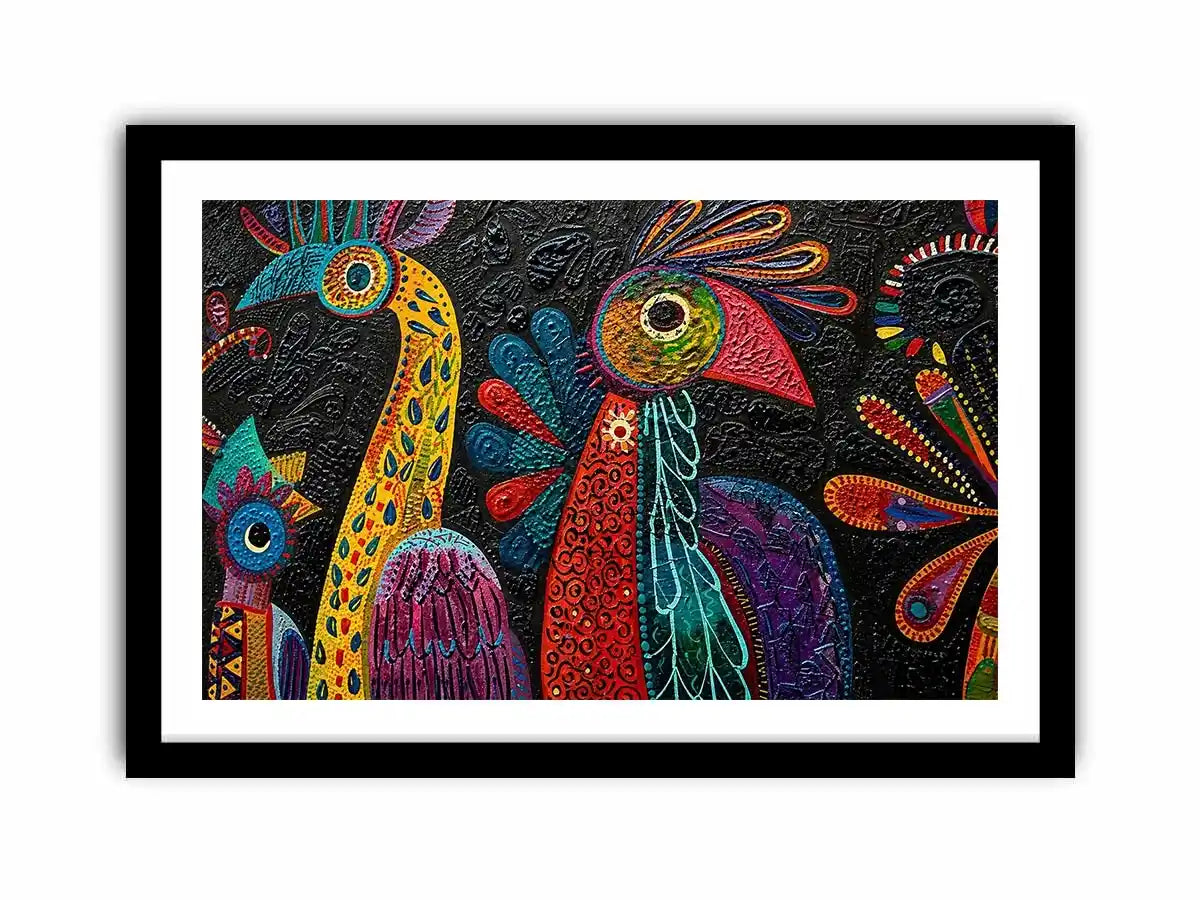 Colorful textured folk bird painting with bold tribal patterns on dark background