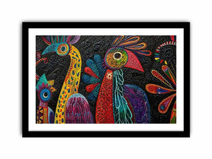 Colorful textured folk bird painting with bold tribal patterns on dark background