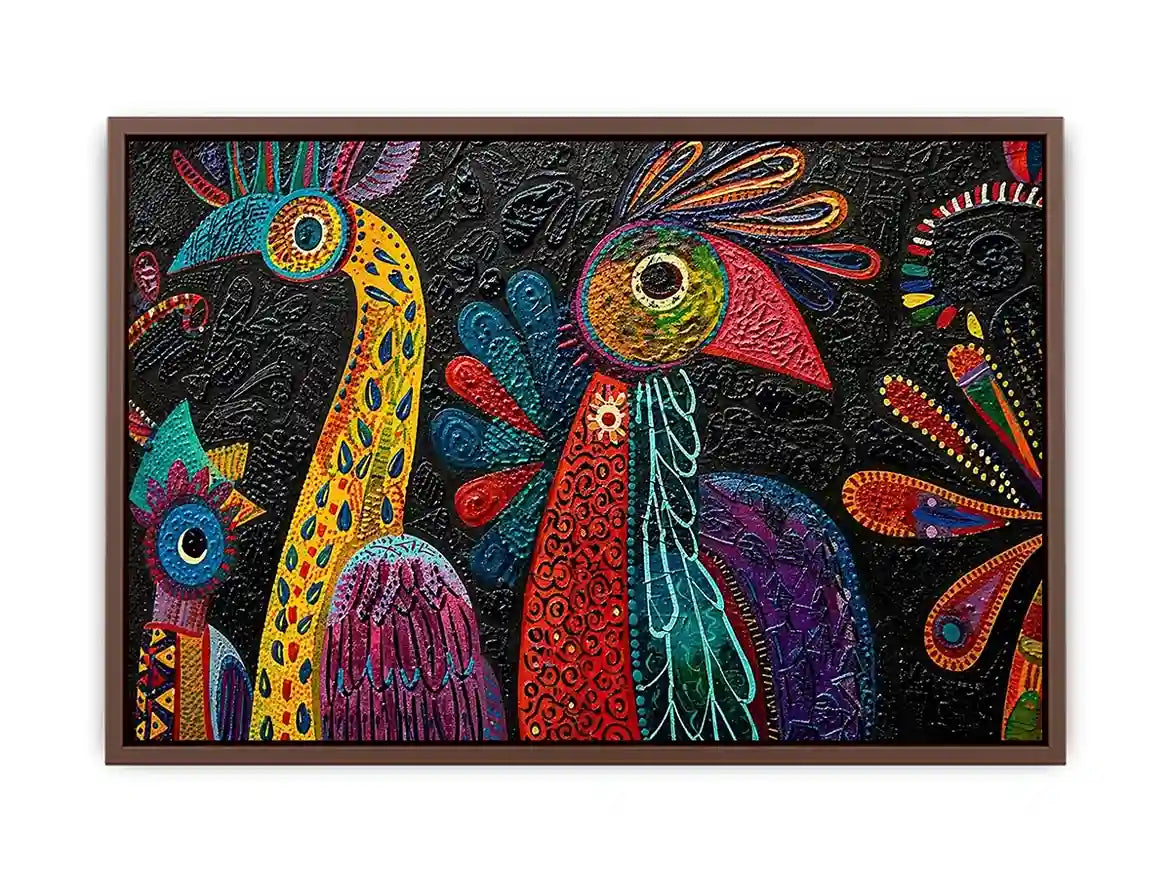Colorful textured folk bird painting with bold tribal patterns on dark background