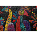 Colorful textured folk bird painting with bold tribal patterns on dark background