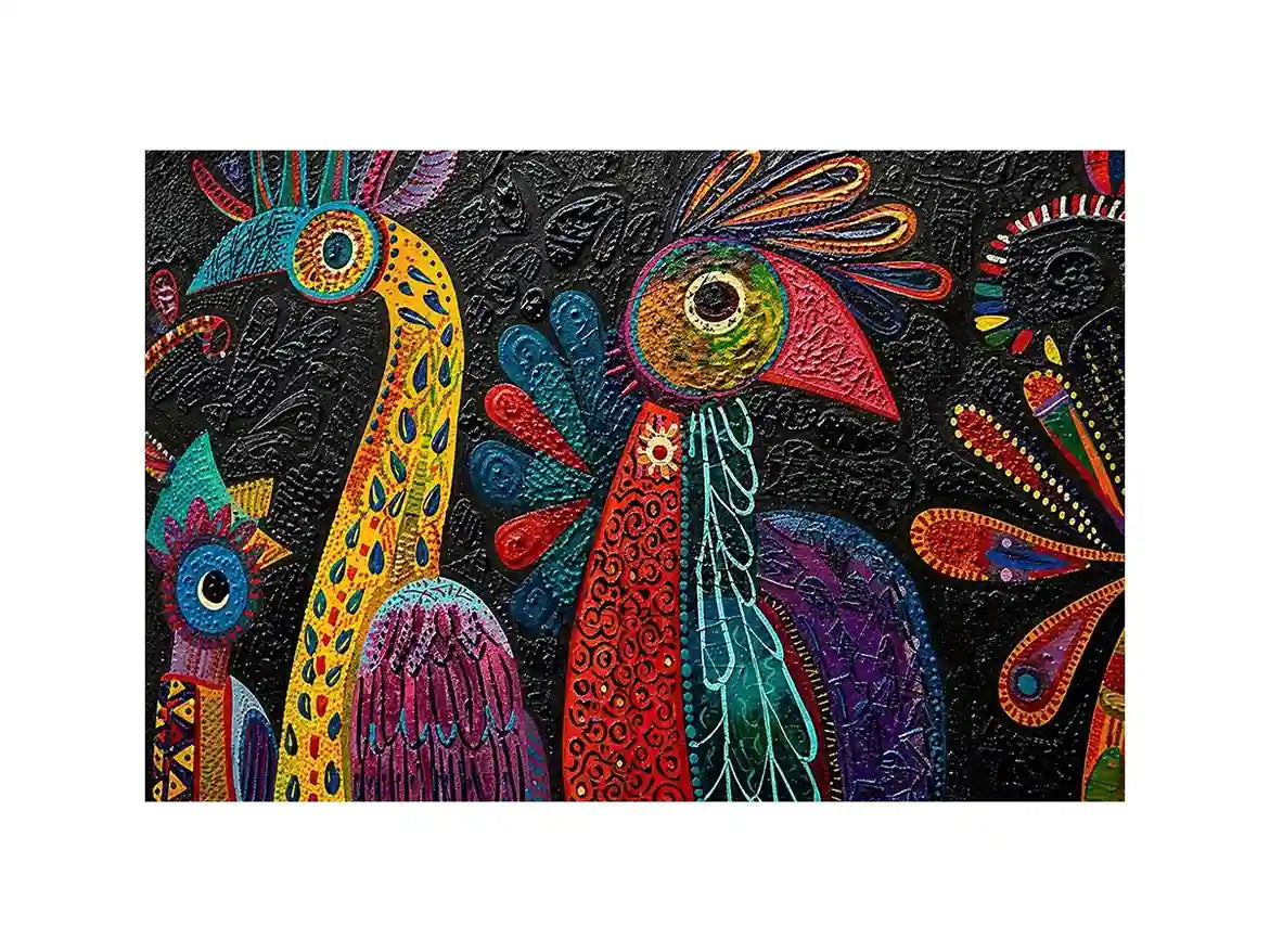 Colorful textured folk bird painting with bold tribal patterns on dark background