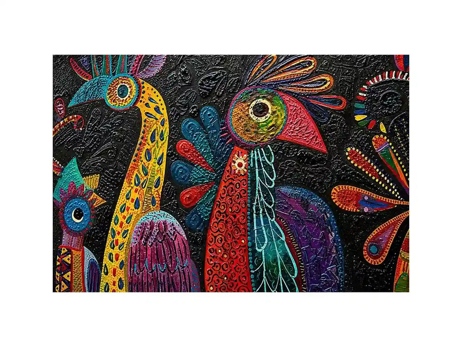 Colorful textured folk bird painting with bold tribal patterns on dark background