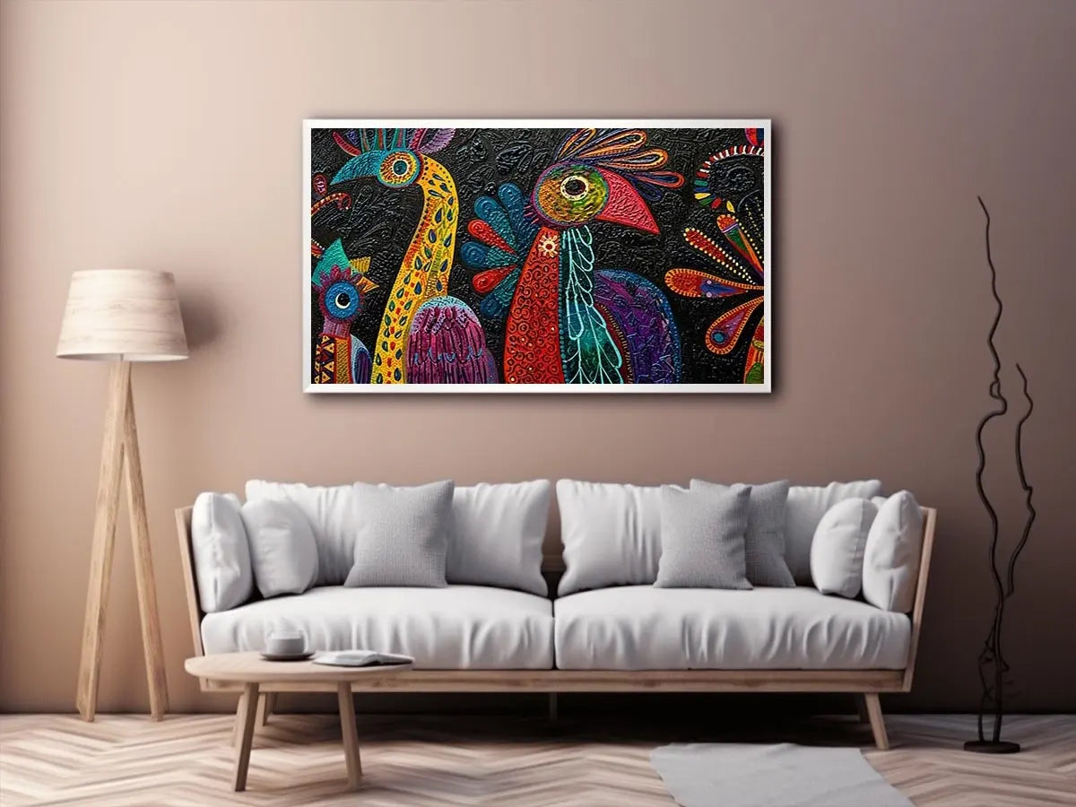 Colorful textured folk bird painting with bold tribal patterns on dark background