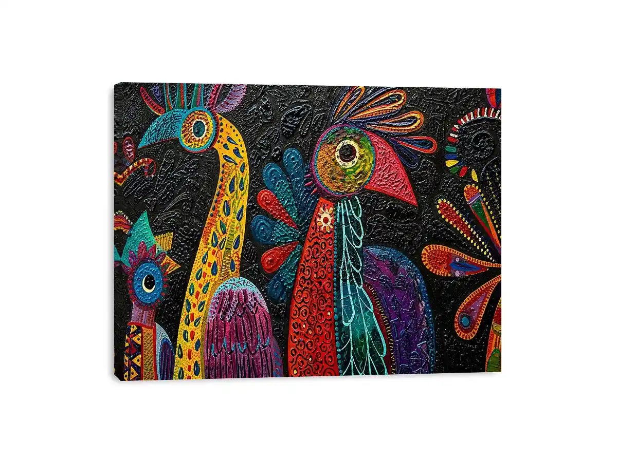 Colorful textured folk bird painting with bold tribal patterns on dark background