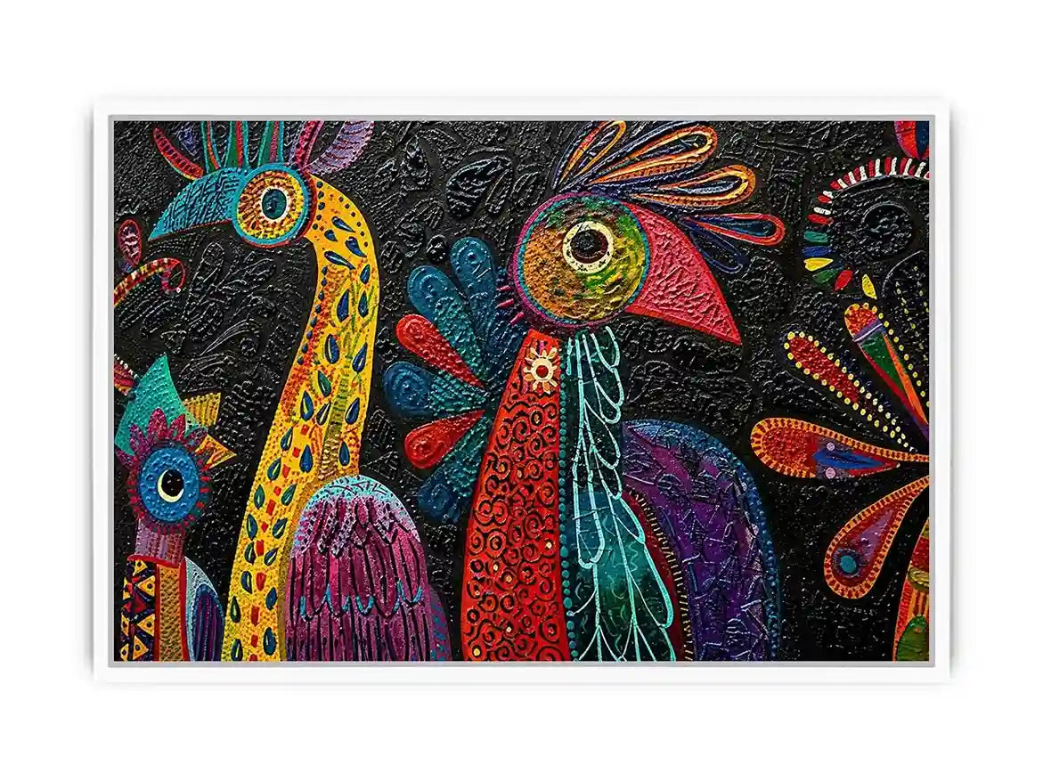Colorful textured folk bird painting with bold tribal patterns on dark background
