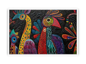 Colorful textured folk bird painting with bold tribal patterns on dark background