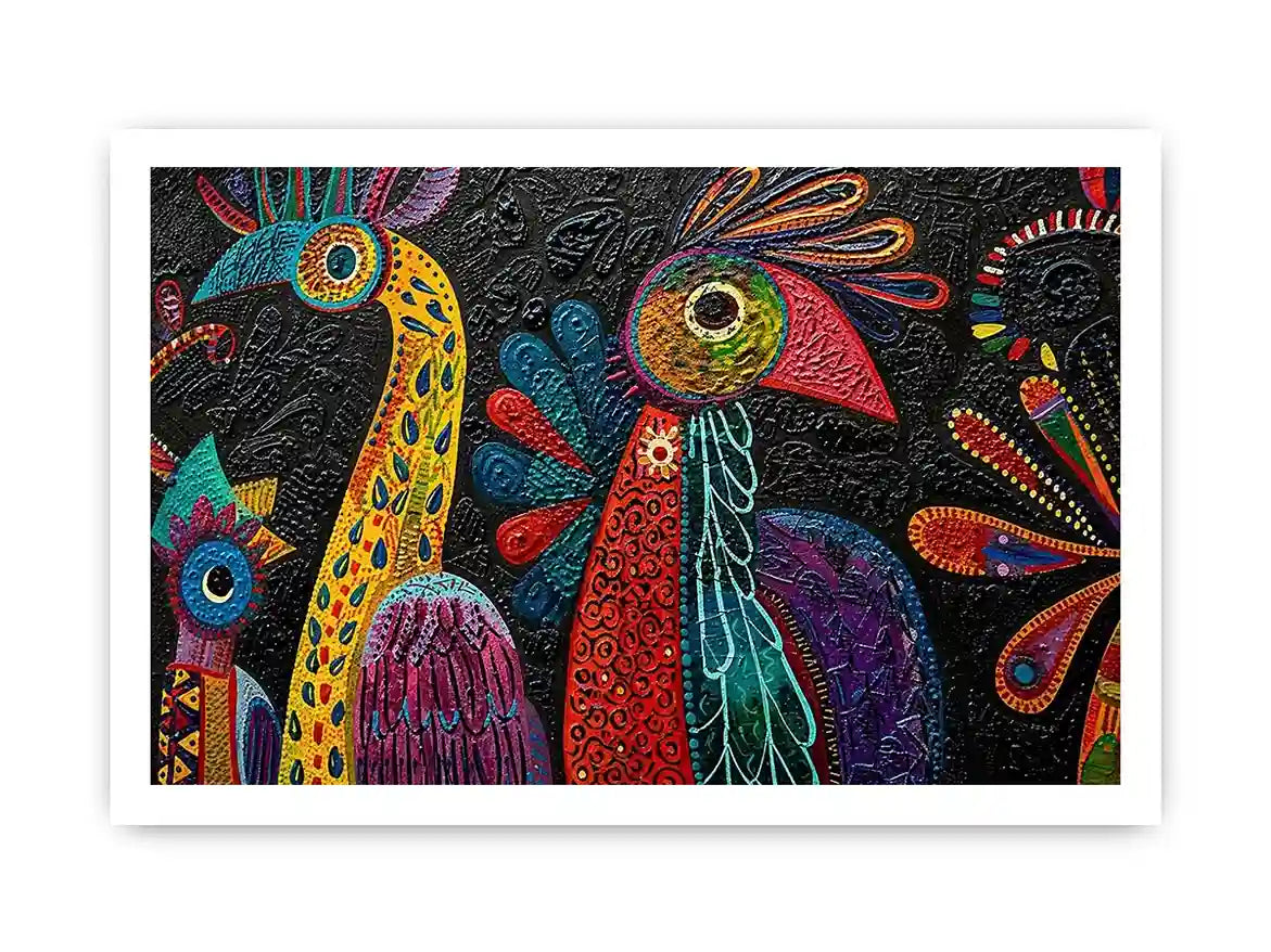 Colorful textured folk bird painting with bold tribal patterns on dark background