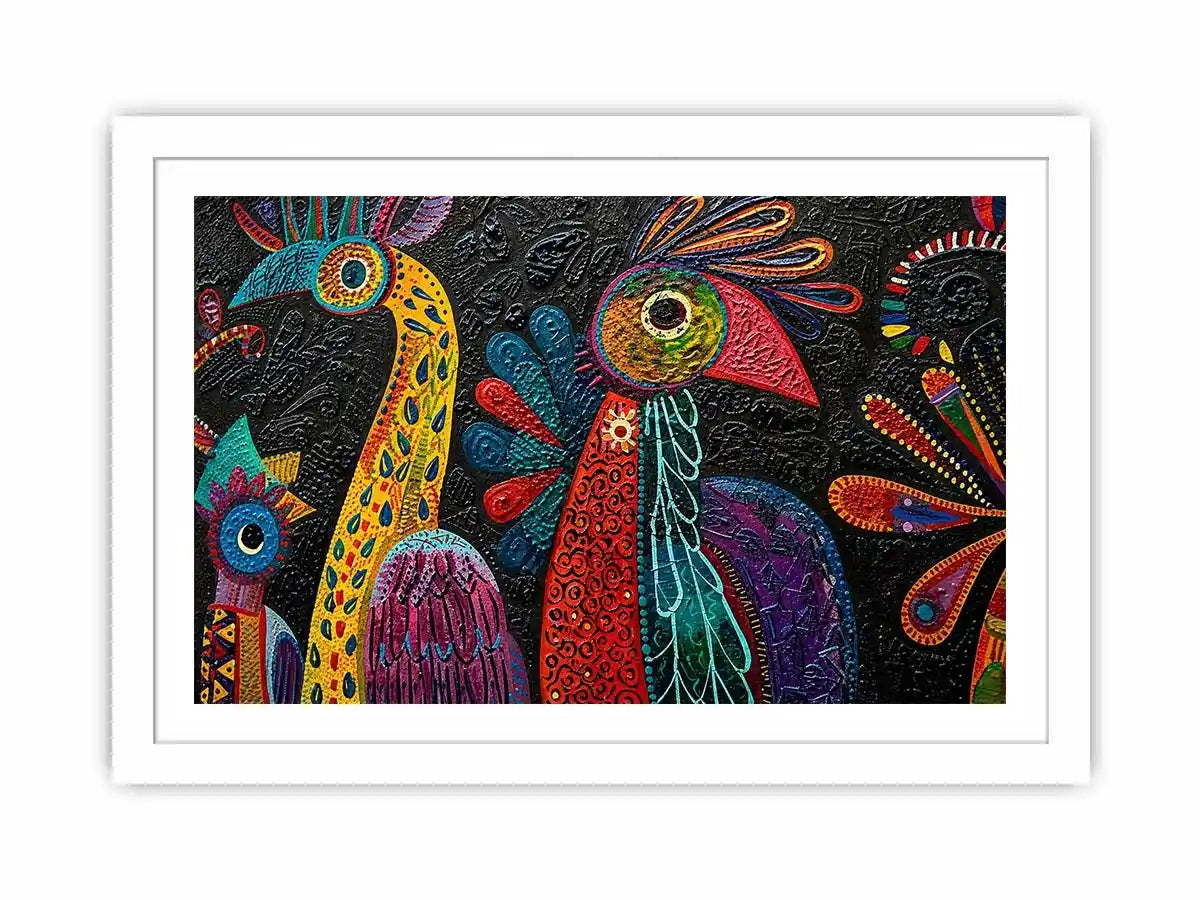 Colorful textured folk bird painting with bold tribal patterns on dark background
