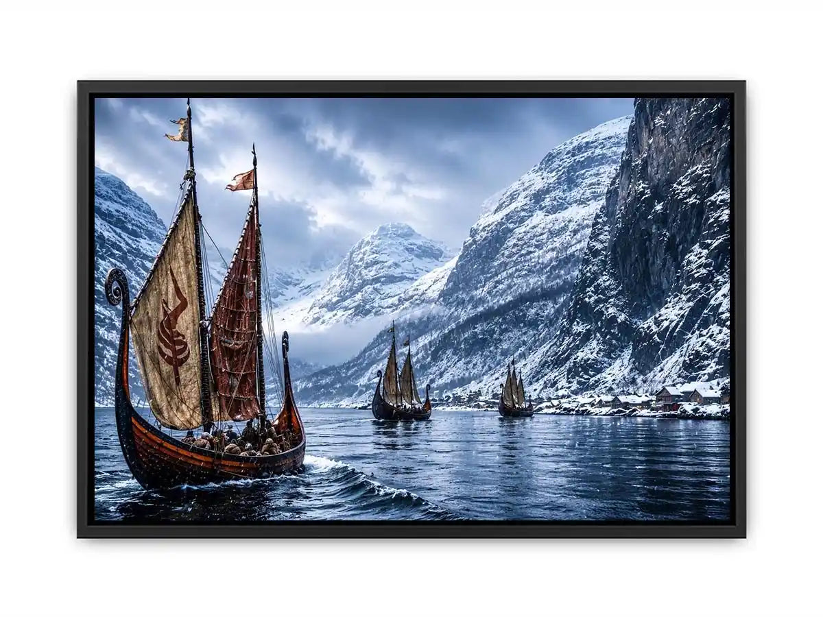 Viking ships snowy fjord wall art cinematic winter landscape canvas print for living room office decor