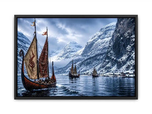 Viking ships snowy fjord wall art cinematic winter landscape canvas print for living room office decor