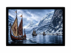 Viking ships snowy fjord wall art cinematic winter landscape canvas print for living room office decor