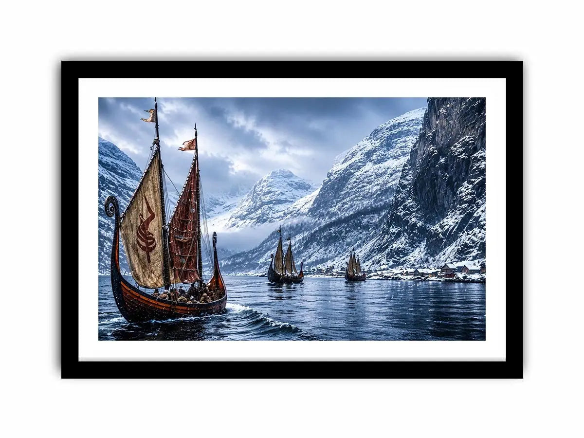 Viking ships snowy fjord wall art cinematic winter landscape canvas print for living room office decor