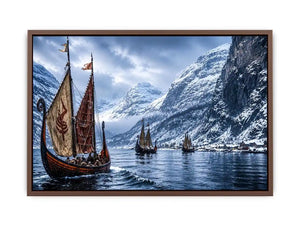 Viking ships snowy fjord wall art cinematic winter landscape canvas print for living room office decor