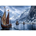 Viking ships snowy fjord wall art cinematic winter landscape canvas print for living room office decor