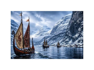 Viking ships snowy fjord wall art cinematic winter landscape canvas print for living room office decor