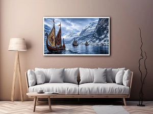 Viking ships snowy fjord wall art cinematic winter landscape canvas print for living room office decor