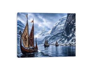 Viking ships snowy fjord wall art cinematic winter landscape canvas print for living room office decor