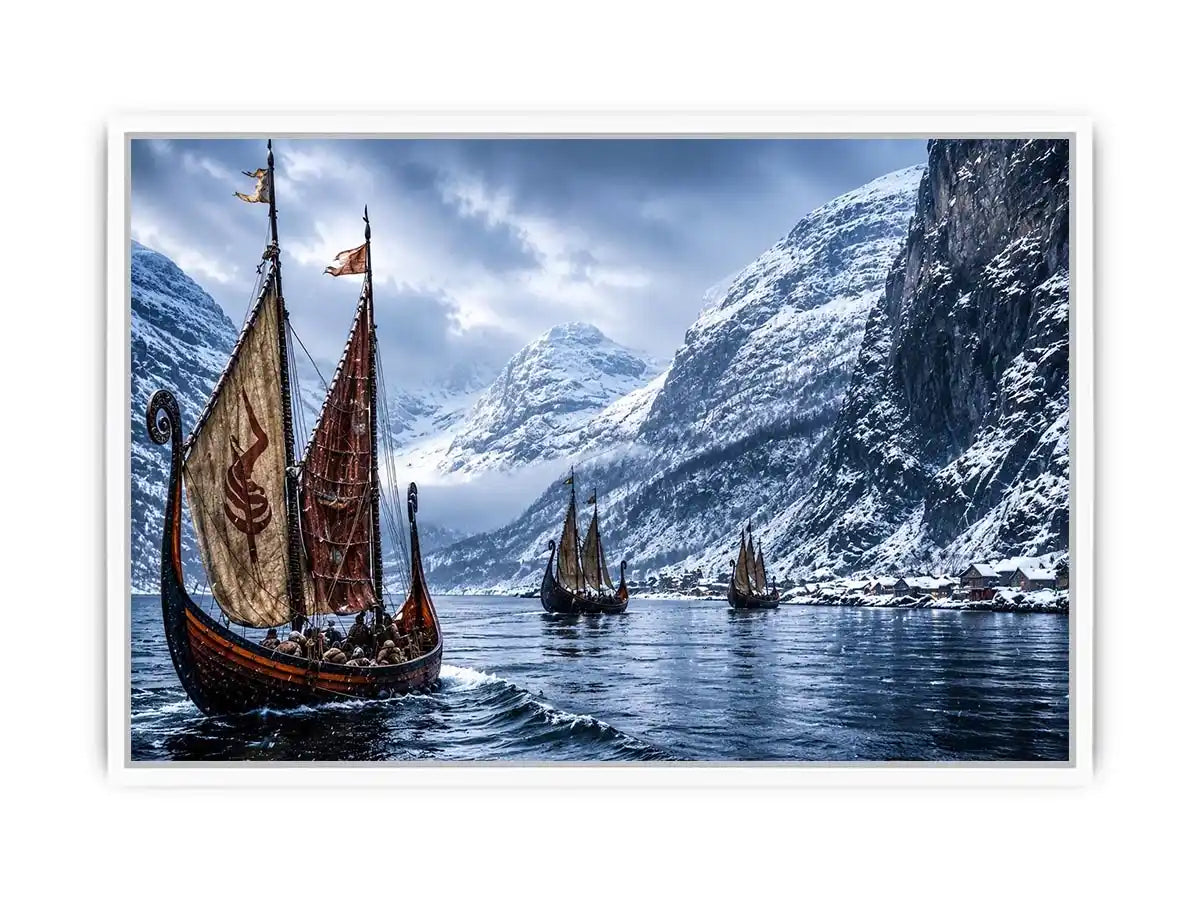 Viking ships snowy fjord wall art cinematic winter landscape canvas print for living room office decor