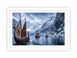 Viking ships snowy fjord wall art cinematic winter landscape canvas print for living room office decor