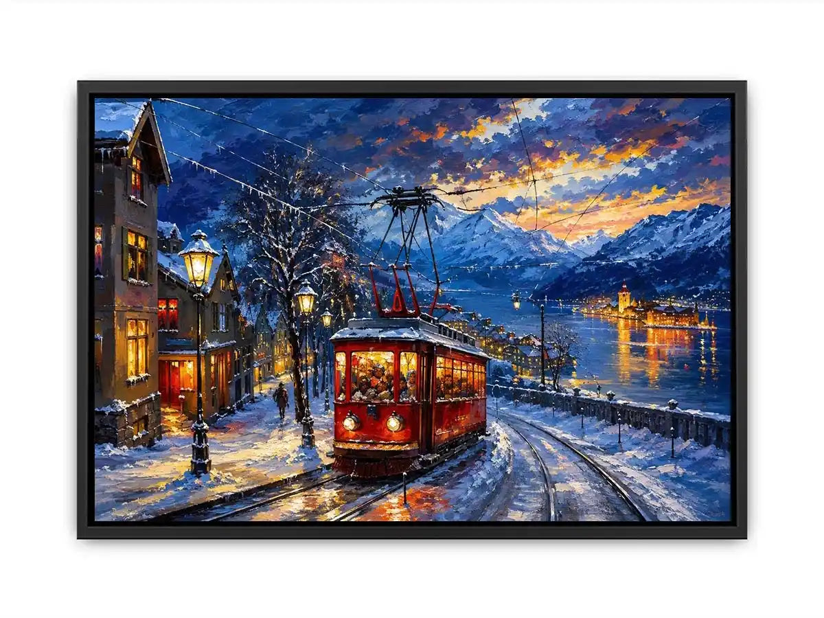 Winter tram cityscape wall art glowing lights snowy street canvas print for living room bedroom decor