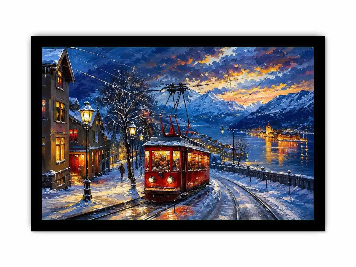 Winter tram cityscape wall art glowing lights snowy street canvas print for living room bedroom decor