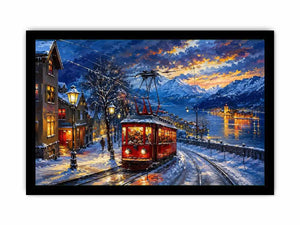 Winter tram cityscape wall art glowing lights snowy street canvas print for living room bedroom decor