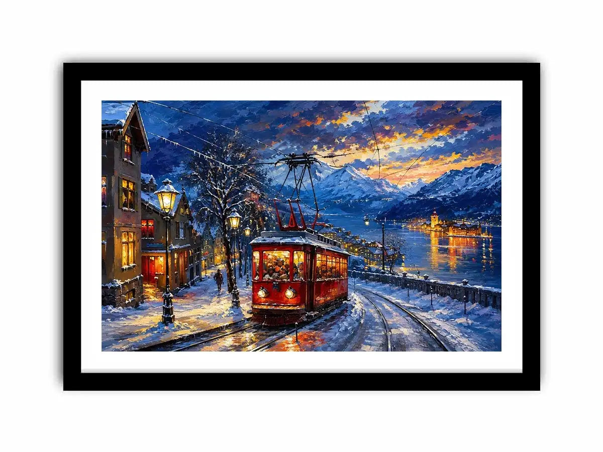 Winter tram cityscape wall art glowing lights snowy street canvas print for living room bedroom decor