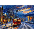 Winter tram cityscape wall art glowing lights snowy street canvas print for living room bedroom decor