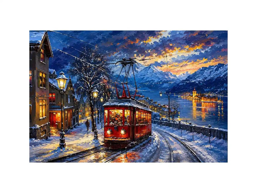 Winter tram cityscape wall art glowing lights snowy street canvas print for living room bedroom decor