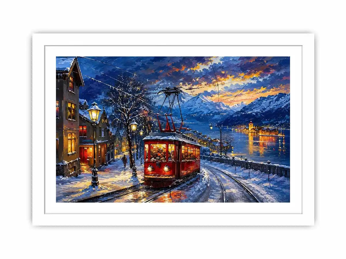 Winter tram cityscape wall art glowing lights snowy street canvas print for living room bedroom decor
