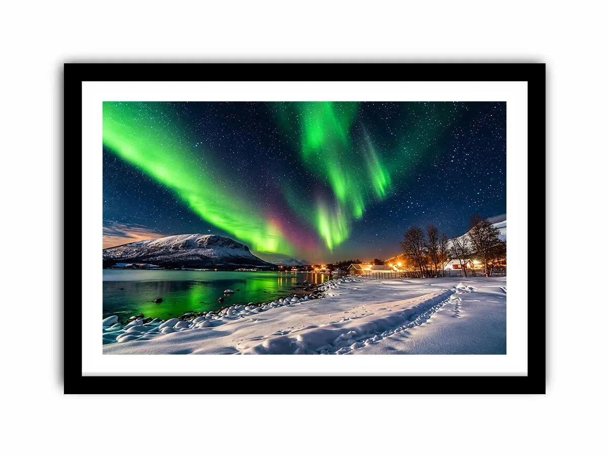 Aurora borealis northern lights wall art snowy landscape night sky canvas print for living room bedroom decor