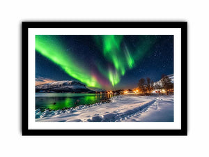 Aurora borealis northern lights wall art snowy landscape night sky canvas print for living room bedroom decor